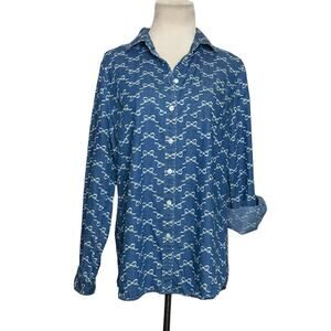 Kim Rogers blue chambray bow ribbon print button shirt size small
